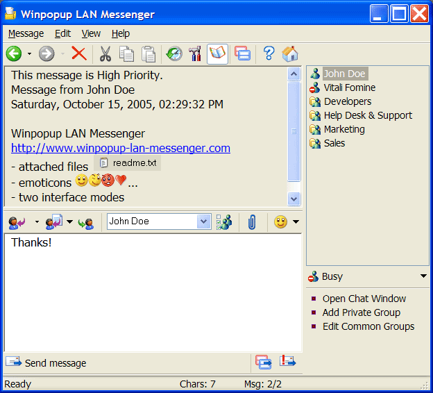 It is a full-featured server-less instant messenger for LAN.